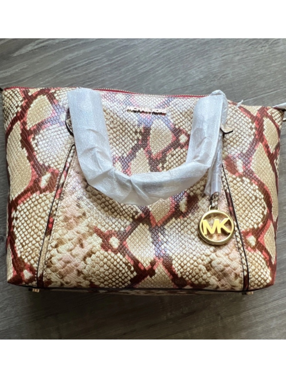 Michael Kors Red Tan Snake-Print Satchel with Gold Charm